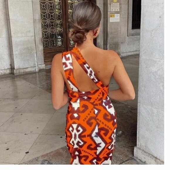 NWOT ZARA MULTICOLOURED PRINTED DRESS WITH ASYMMETRIC HEM Orange - Picture 4 of 13